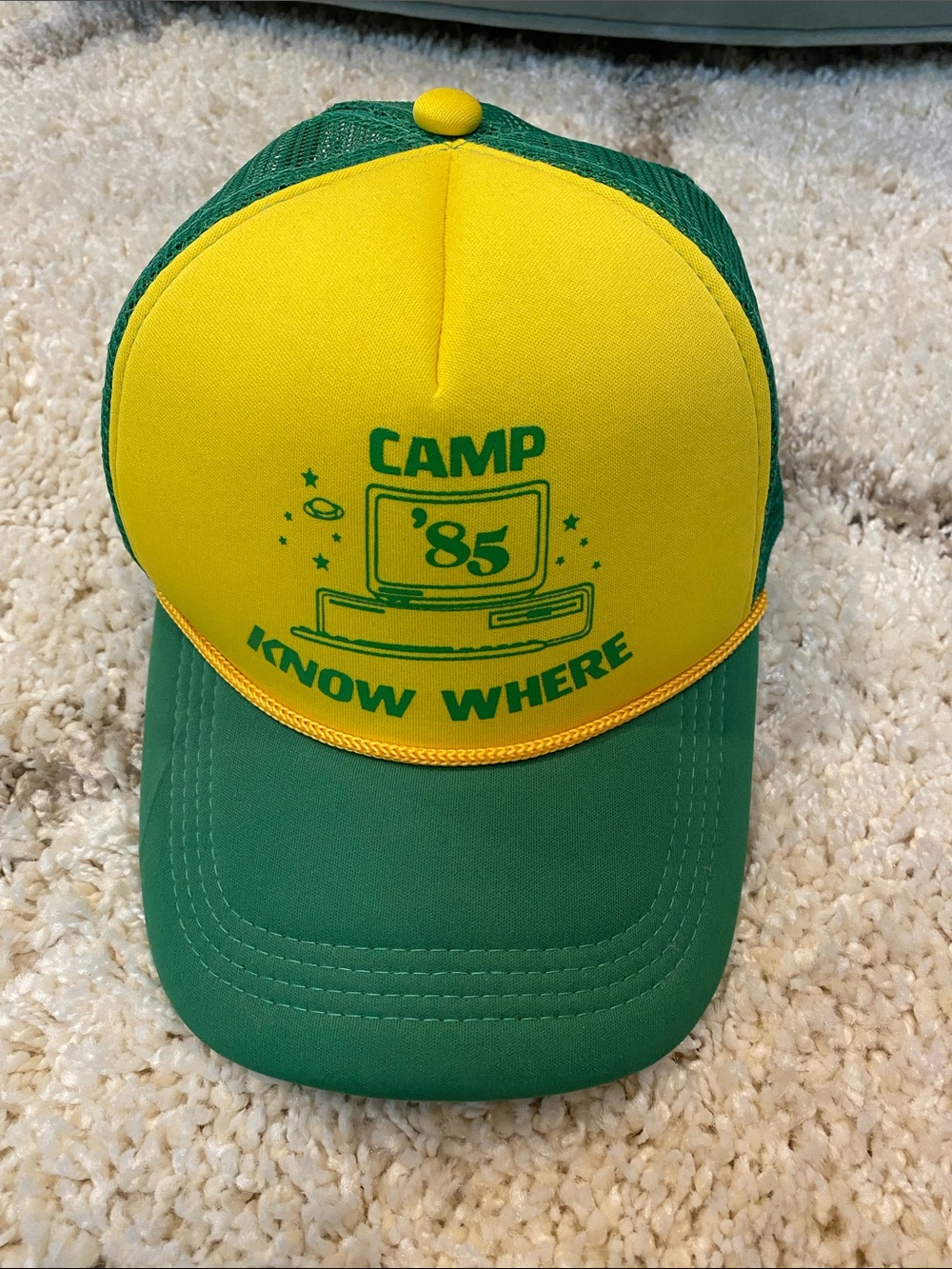 Camp '85 Know Where Green and Yellow Trucker Hat